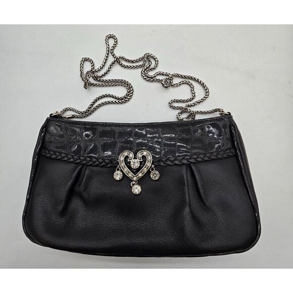 Vintage Brighton Black Croc-Embossed Leather Shoulder Bag With Rhinestone Heart - Picture 1 of 6